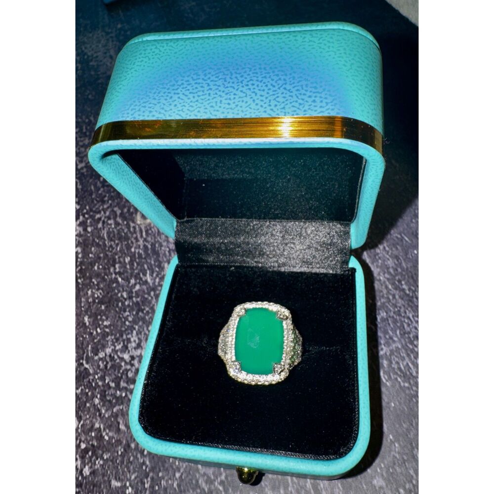 Judith Classic Sterling Green Chalcedony & Diamonique Ring Size 10